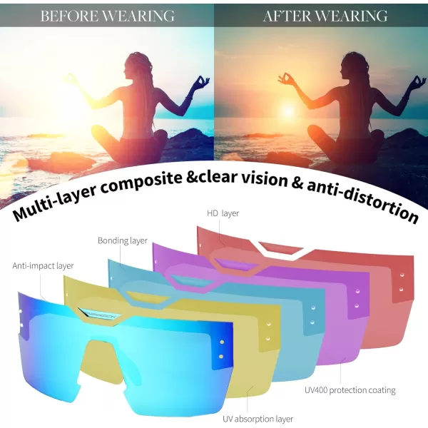 FEISEDY Sunglasses Men Women Big Oversized Square FrameUV400 Mirrored Sun Glasses Cycling Driving Fishing Hiking B0064Black Frame Blue Mirror Lenses