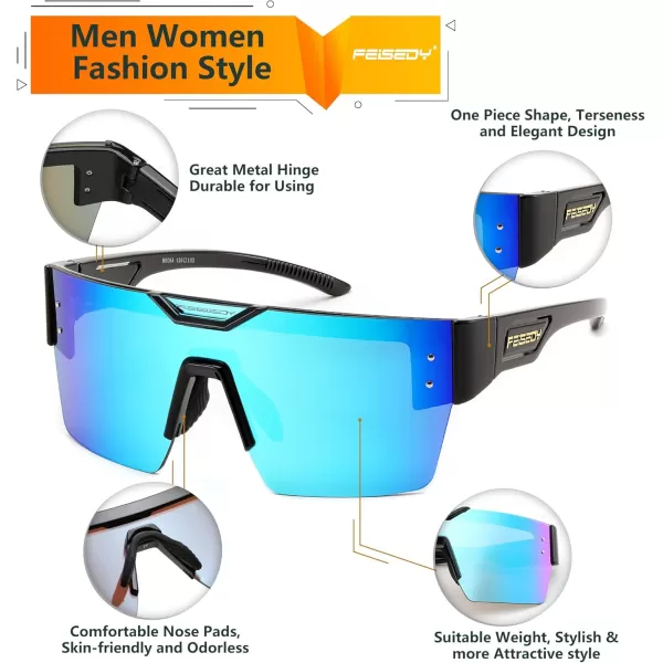 FEISEDY Sunglasses Men Women Big Oversized Square FrameUV400 Mirrored Sun Glasses Cycling Driving Fishing Hiking B0064Black Frame Blue Mirror Lenses