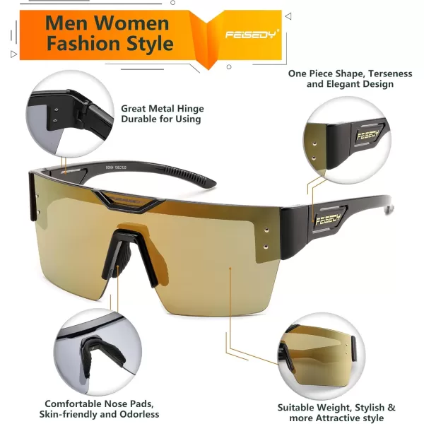 FEISEDY Sunglasses Men Women Big Oversized Square FrameUV400 Mirrored Sun Glasses Cycling Driving Fishing Hiking B0064Black Frame With Gold Lenses