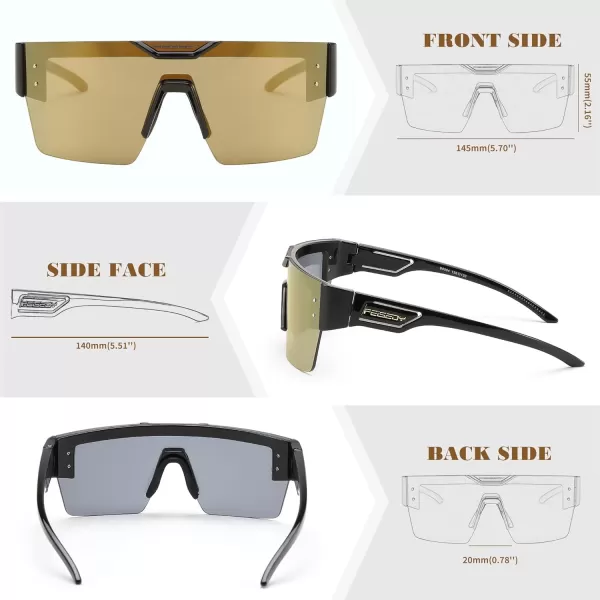 FEISEDY Sunglasses Men Women Big Oversized Square FrameUV400 Mirrored Sun Glasses Cycling Driving Fishing Hiking B0064Black Frame With Gold Lenses