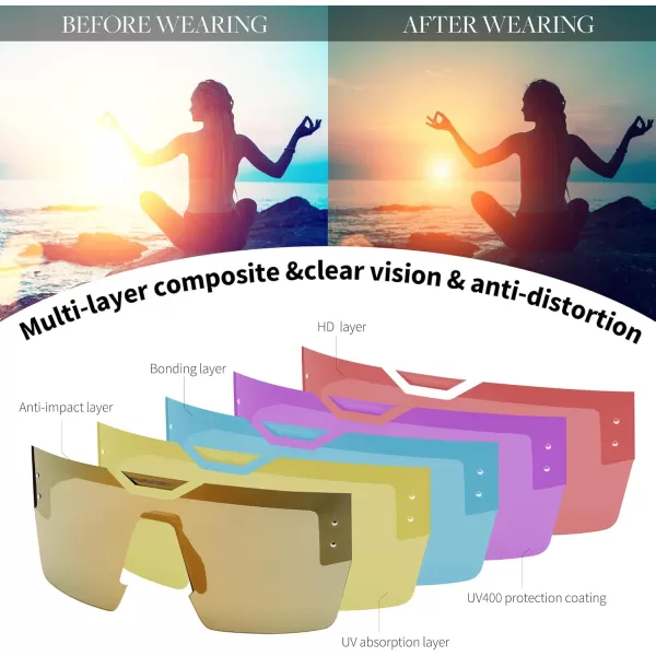 FEISEDY Sunglasses Men Women Big Oversized Square FrameUV400 Mirrored Sun Glasses Cycling Driving Fishing Hiking B0064Black Frame With Gold Lenses