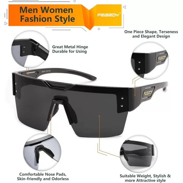 FEISEDY Sunglasses Men Women Big Oversized Square FrameUV400 Mirrored Sun Glasses Cycling Driving Fishing Hiking B0064Black Frame With Gray Lenses