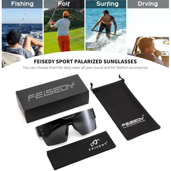 FEISEDY Sunglasses Men Women Big Oversized Square FrameUV400 Mirrored Sun Glasses Cycling Driving Fishing Hiking B0064Black Frame With Gray Lenses