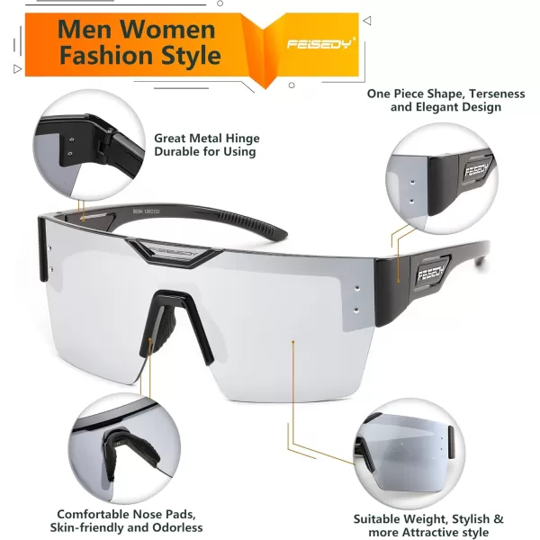 FEISEDY Sunglasses Men Women Big Oversized Square FrameUV400 Mirrored Sun Glasses Cycling Driving Fishing Hiking B0064Black Frame With Silver Mirrored Lenses