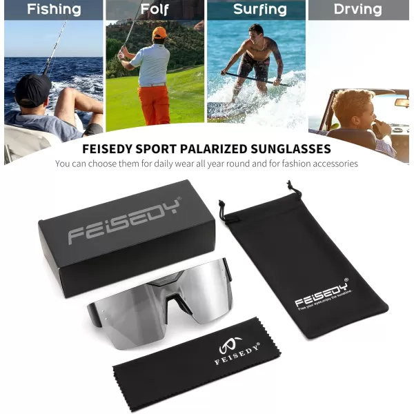 FEISEDY Sunglasses Men Women Big Oversized Square FrameUV400 Mirrored Sun Glasses Cycling Driving Fishing Hiking B0064Black Frame With Silver Mirrored Lenses