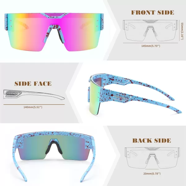 FEISEDY Sunglasses Men Women Big Oversized Square FrameUV400 Mirrored Sun Glasses Cycling Driving Fishing Hiking B0064Sprayed Rose Dot Blue Frame Purple Pink Mirror Lenses
