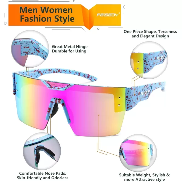 FEISEDY Sunglasses Men Women Big Oversized Square FrameUV400 Mirrored Sun Glasses Cycling Driving Fishing Hiking B0064Sprayed Rose Dot Blue Frame Purple Pink Mirror Lenses