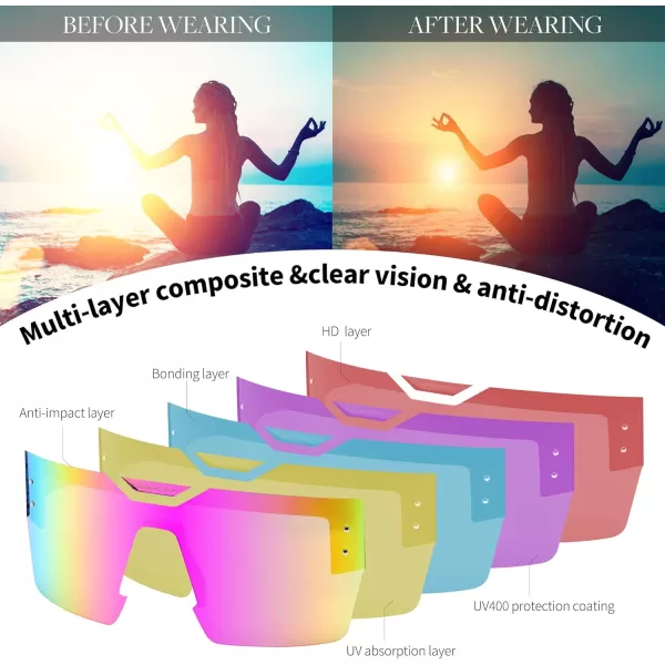 FEISEDY Sunglasses Men Women Big Oversized Square FrameUV400 Mirrored Sun Glasses Cycling Driving Fishing Hiking B0064Sprayed Rose Dot Blue Frame Purple Pink Mirror Lenses