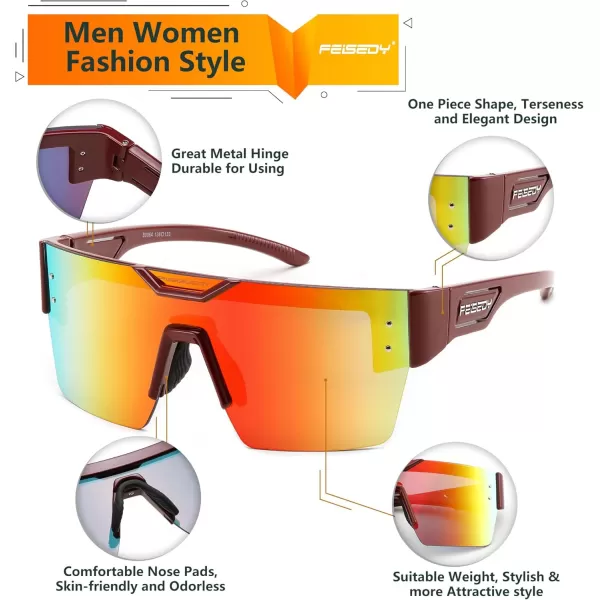 FEISEDY Sunglasses Men Women Big Oversized Square FrameUV400 Mirrored Sun Glasses Cycling Driving Fishing Hiking B0064Wine Red Frame With Red Mirrored Lenses