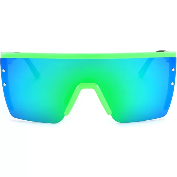 FEISEDY Sunglasses Mens Polarized Women Oversized Flat Top Square Cycling Fishing Golf Hiking Vintage Sun Glasses B2367Polarized Green Mirrored Lenses Checkered Flag With Flames Frame 004