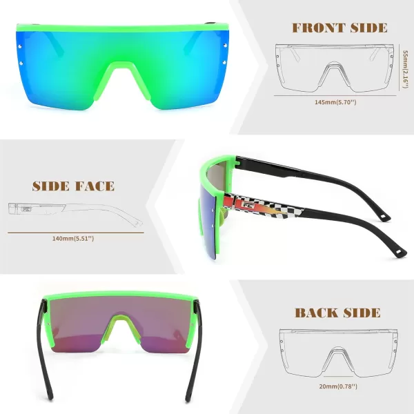 FEISEDY Sunglasses Mens Polarized Women Oversized Flat Top Square Cycling Fishing Golf Hiking Vintage Sun Glasses B2367Polarized Green Mirrored Lenses Checkered Flag With Flames Frame 004