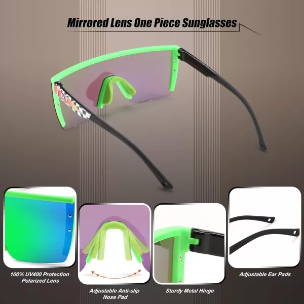 FEISEDY Sunglasses Mens Polarized Women Oversized Flat Top Square Cycling Fishing Golf Hiking Vintage Sun Glasses B2367Polarized Green Mirrored Lenses Checkered Flag With Flames Frame 004
