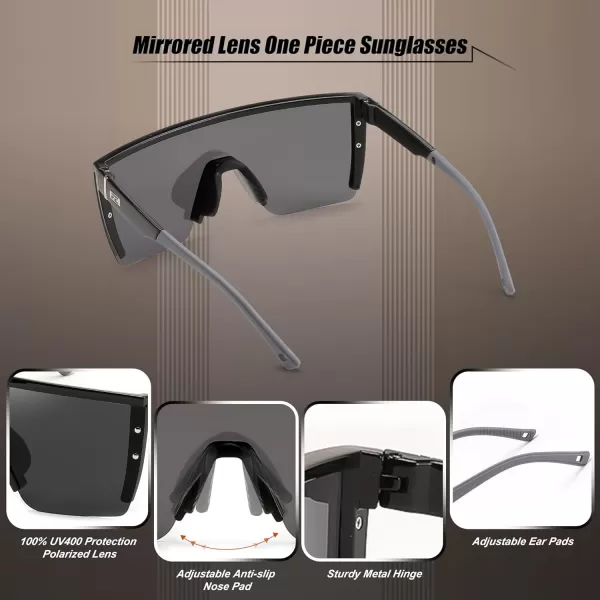 FEISEDY Sunglasses Mens Polarized Women Oversized Flat Top Square Cycling Fishing Golf Hiking Vintage Sun Glasses B2367Polarized Grey Lenses With Black Frame 001
