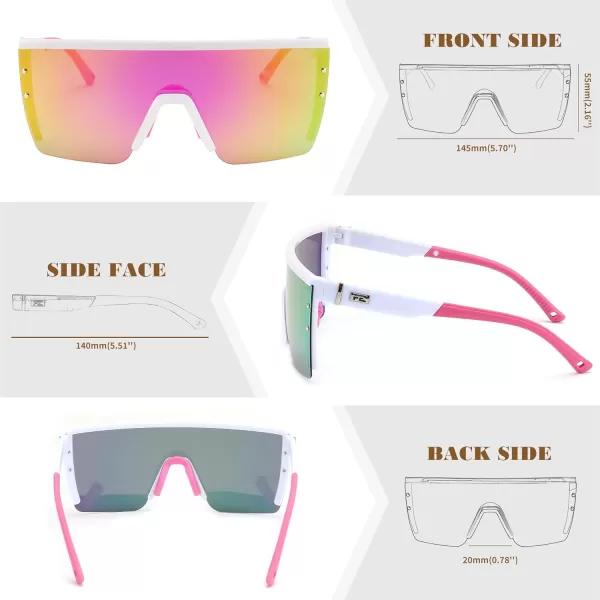 FEISEDY Sunglasses Mens Polarized Women Oversized Flat Top Square Cycling Fishing Golf Hiking Vintage Sun Glasses B2367Polarized Pink Mirrored Lenses With White Frame 006