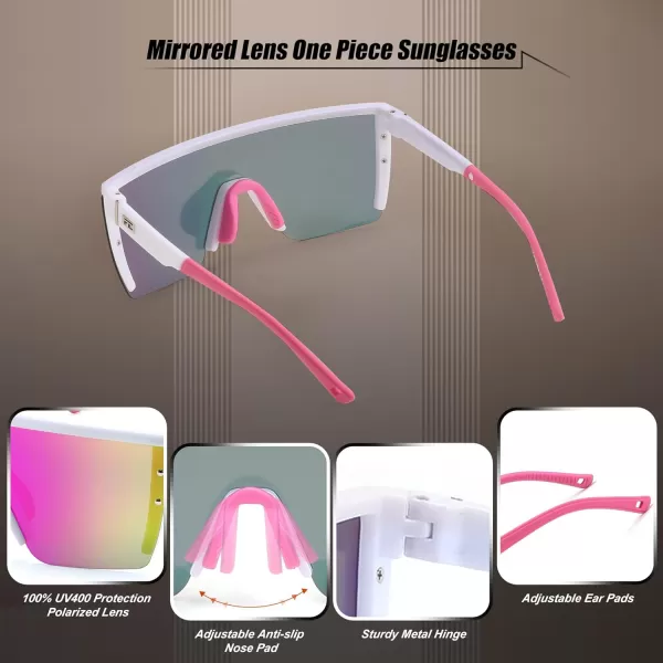 FEISEDY Sunglasses Mens Polarized Women Oversized Flat Top Square Cycling Fishing Golf Hiking Vintage Sun Glasses B2367Polarized Pink Mirrored Lenses With White Frame 006