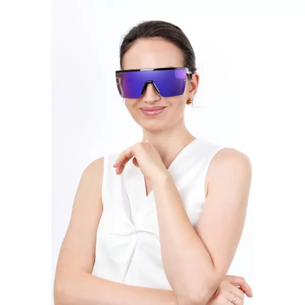 FEISEDY Sunglasses Mens Polarized Women Oversized Flat Top Square Cycling Fishing Golf Hiking Vintage Sun Glasses B2367Polarized Purple Mirrored Lenses With Black Frame 002