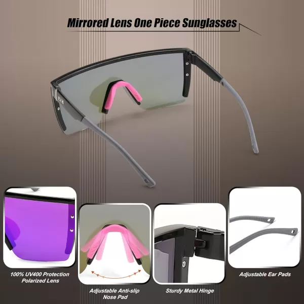 FEISEDY Sunglasses Mens Polarized Women Oversized Flat Top Square Cycling Fishing Golf Hiking Vintage Sun Glasses B2367Polarized Purple Mirrored Lenses With Black Frame 002
