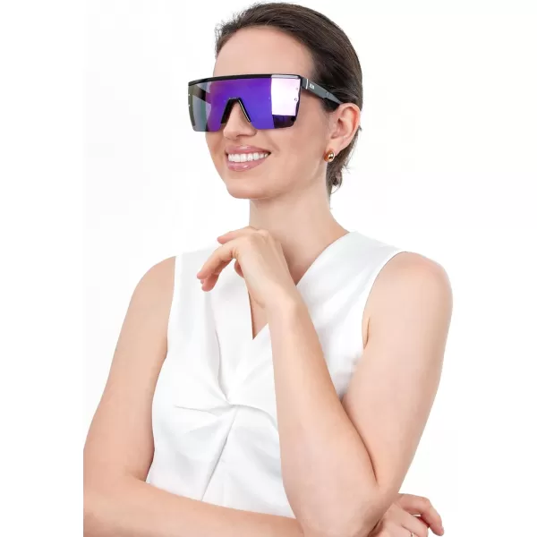 FEISEDY Sunglasses Mens Polarized Women Oversized Flat Top Square Cycling Fishing Golf Hiking Vintage Sun Glasses B2367Polarized Purple Mirrored Lenses With Black Frame 002