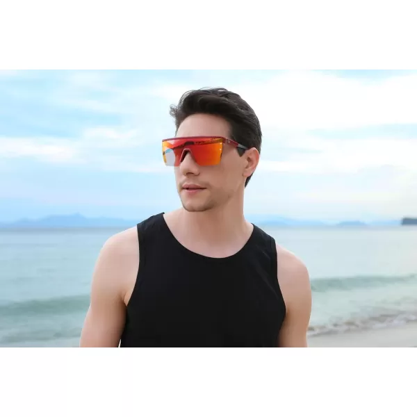 FEISEDY Sunglasses Mens Polarized Women Oversized Flat Top Square Cycling Fishing Golf Hiking Vintage Sun Glasses B2367Polarized Red Mirrored Lenses With Wine Frame 003