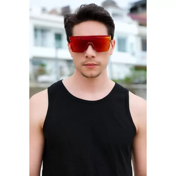 FEISEDY Sunglasses Mens Polarized Women Oversized Flat Top Square Cycling Fishing Golf Hiking Vintage Sun Glasses B2367Polarized Red Mirrored Lenses With Wine Frame 003