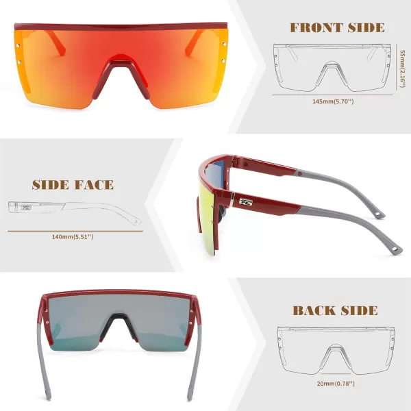 FEISEDY Sunglasses Mens Polarized Women Oversized Flat Top Square Cycling Fishing Golf Hiking Vintage Sun Glasses B2367Polarized Red Mirrored Lenses With Wine Frame 003