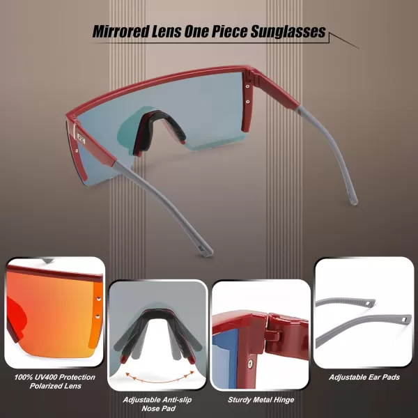 FEISEDY Sunglasses Mens Polarized Women Oversized Flat Top Square Cycling Fishing Golf Hiking Vintage Sun Glasses B2367Polarized Red Mirrored Lenses With Wine Frame 003