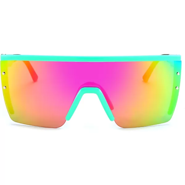 FEISEDY Sunglasses Mens Polarized Women Oversized Flat Top Square Cycling Fishing Golf Hiking Vintage Sun Glasses B2367Polarized Red and Green Mirrored Lenses With Green Frame 005