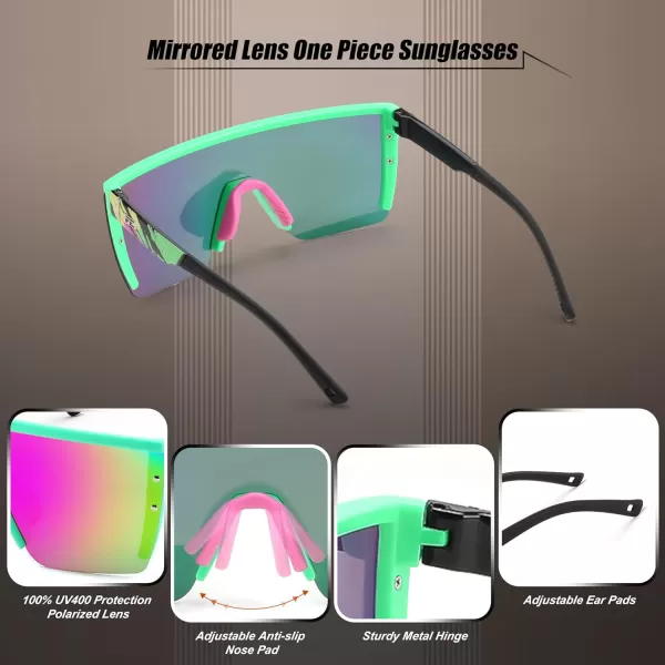 FEISEDY Sunglasses Mens Polarized Women Oversized Flat Top Square Cycling Fishing Golf Hiking Vintage Sun Glasses B2367Polarized Red and Green Mirrored Lenses With Green Frame 005