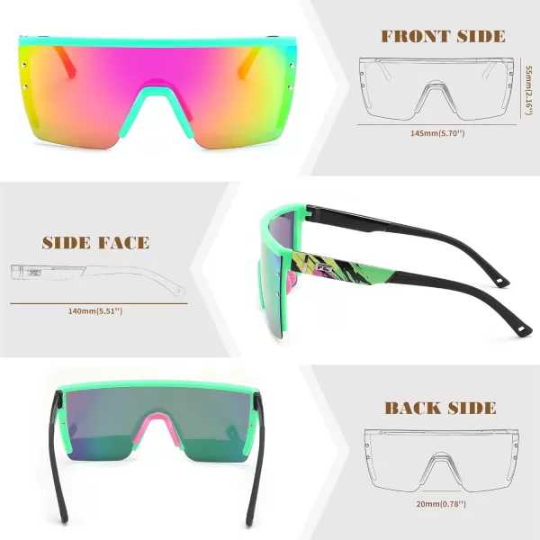 FEISEDY Sunglasses Mens Polarized Women Oversized Flat Top Square Cycling Fishing Golf Hiking Vintage Sun Glasses B2367Polarized Red and Green Mirrored Lenses With Green Frame 005
