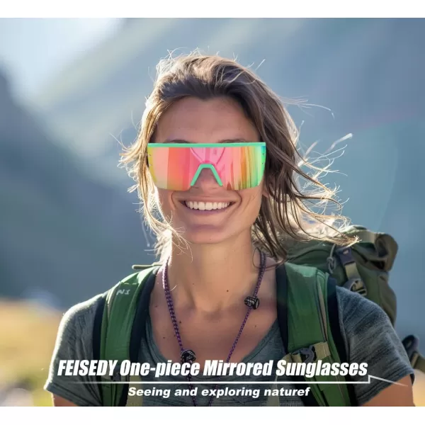 FEISEDY Sunglasses Mens Polarized Women Oversized Flat Top Square Cycling Fishing Golf Hiking Vintage Sun Glasses B2367Polarized Red and Green Mirrored Lenses With Green Frame 005