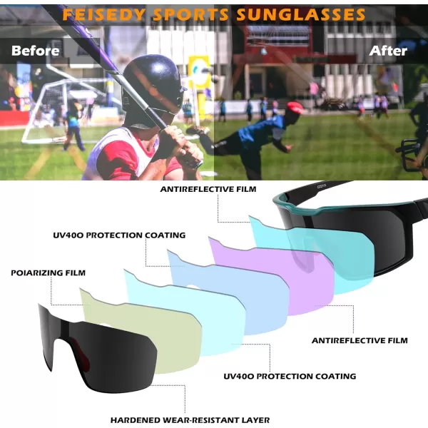 FEISEDY Sunglasses Sports Mens Women Baseball Cycling Mirrored Goggles Hiking Running UV400 Protection B0034Black Frame  Gray Mirror Lenses