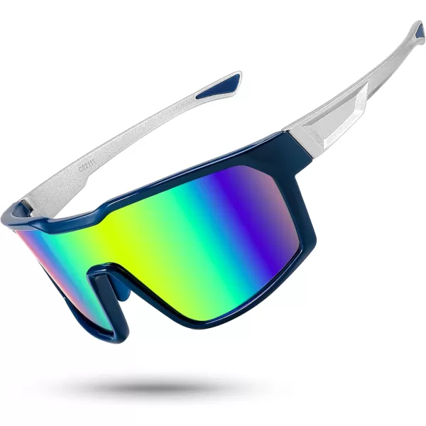 FEISEDY Sunglasses Sports Mens Women Baseball Cycling Mirrored Goggles Hiking Running UV400 Protection B0034Dark Blue Frame  Green Blue Mirror Lenses