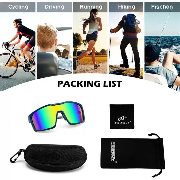 FEISEDY Sunglasses Sports Mens Women Baseball Cycling Mirrored Goggles Hiking Running UV400 Protection B0034Dark Blue Frame  Green Blue Mirror Lenses