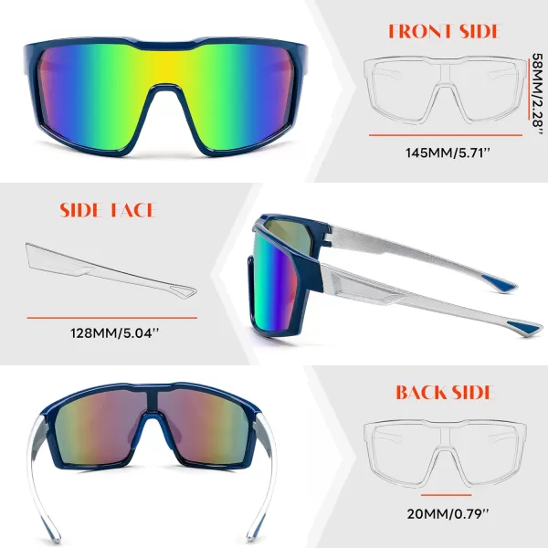 FEISEDY Sunglasses Sports Mens Women Baseball Cycling Mirrored Goggles Hiking Running UV400 Protection B0034Dark Blue Frame  Green Blue Mirror Lenses