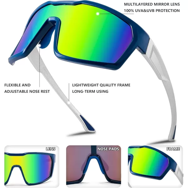 FEISEDY Sunglasses Sports Mens Women Baseball Cycling Mirrored Goggles Hiking Running UV400 Protection B0034Dark Blue Frame  Green Blue Mirror Lenses