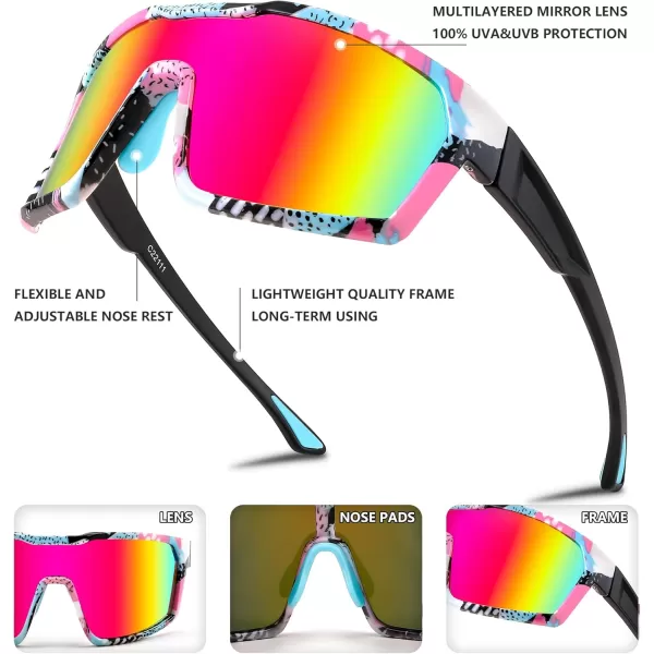 FEISEDY Sunglasses Sports Mens Women Baseball Cycling Mirrored Goggles Hiking Running UV400 Protection B0034Pink Frame  Pink Mirror Lenses