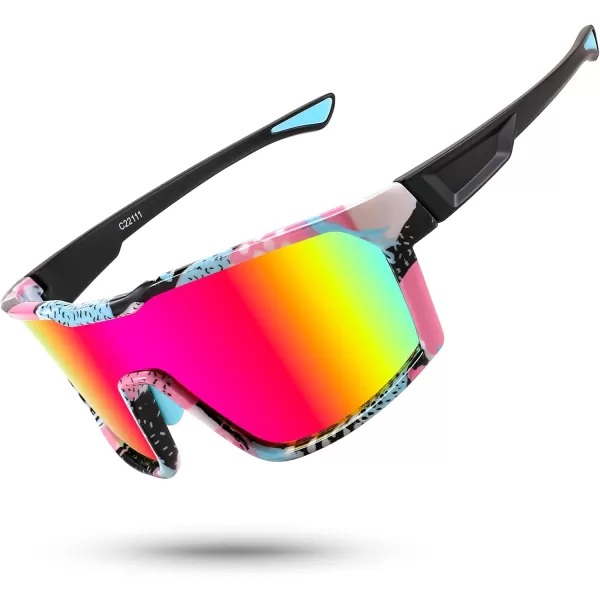 FEISEDY Sunglasses Sports Mens Women Baseball Cycling Mirrored Goggles Hiking Running UV400 Protection B0034Pink Frame  Pink Mirror Lenses