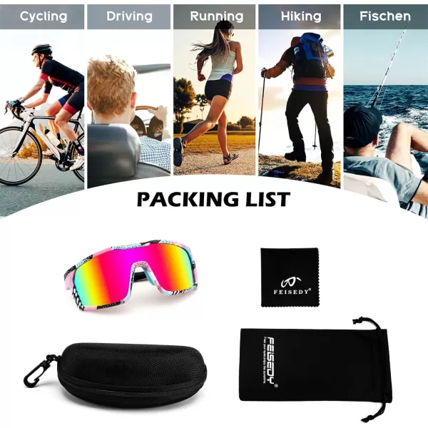 FEISEDY Sunglasses Sports Mens Women Baseball Cycling Mirrored Goggles Hiking Running UV400 Protection B0034Pink Frame  Pink Mirror Lenses