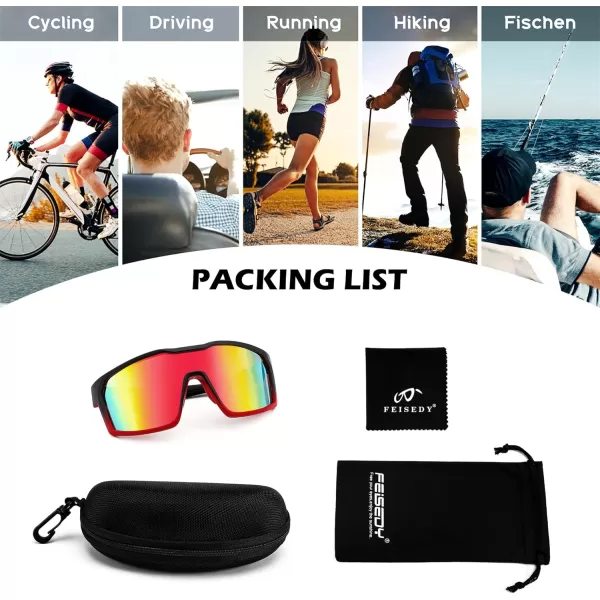 FEISEDY Sunglasses Sports Mens Women Baseball Cycling Mirrored Goggles Hiking Running UV400 Protection B0034Red Black Frame  Red Mirror Lenses