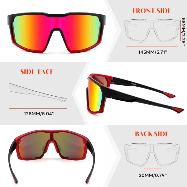 FEISEDY Sunglasses Sports Mens Women Baseball Cycling Mirrored Goggles Hiking Running UV400 Protection B0034Red Black Frame  Red Mirror Lenses