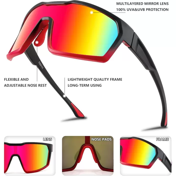 FEISEDY Sunglasses Sports Mens Women Baseball Cycling Mirrored Goggles Hiking Running UV400 Protection B0034Red Black Frame  Red Mirror Lenses