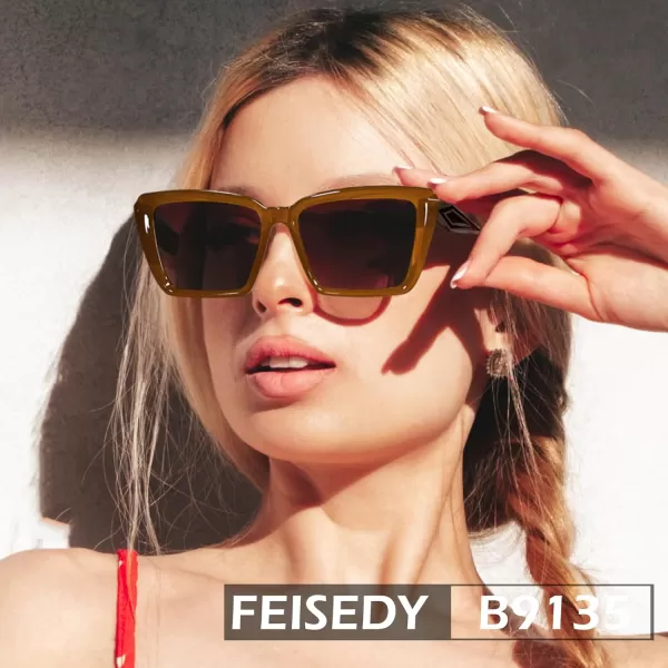 FEISEDY Trendy Cat Eye Women Sunglasses Retro Womens Square Cateye Sun Glasses B9135Tea