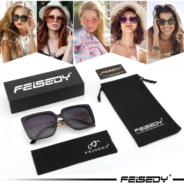 FEISEDY Trendy Polarized Cateye Sunglasses Womens Vintage Oversized Square Sunglasses UV400 Protection B0003Black Frame Gradient Grey Lens