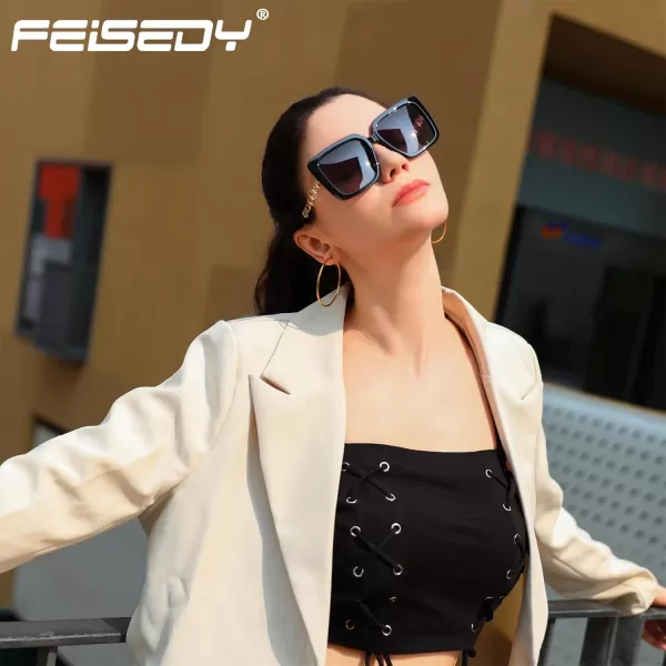 FEISEDY Trendy Polarized Cateye Sunglasses Womens Vintage Oversized Square Sunglasses UV400 Protection B0003Black Frame Gradient Grey Lens