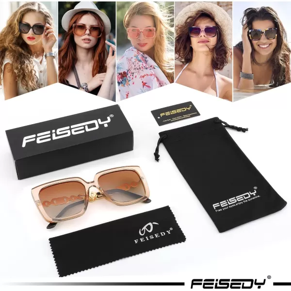 FEISEDY Trendy Polarized Cateye Sunglasses Womens Vintage Oversized Square Sunglasses UV400 Protection B0003Clear Brown Frame Gradient Brown Lens