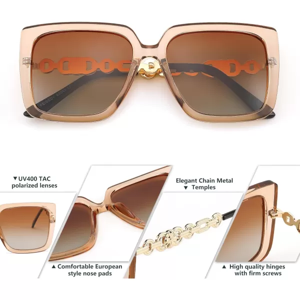 FEISEDY Trendy Polarized Cateye Sunglasses Womens Vintage Oversized Square Sunglasses UV400 Protection B0003Clear Brown Frame Gradient Brown Lens