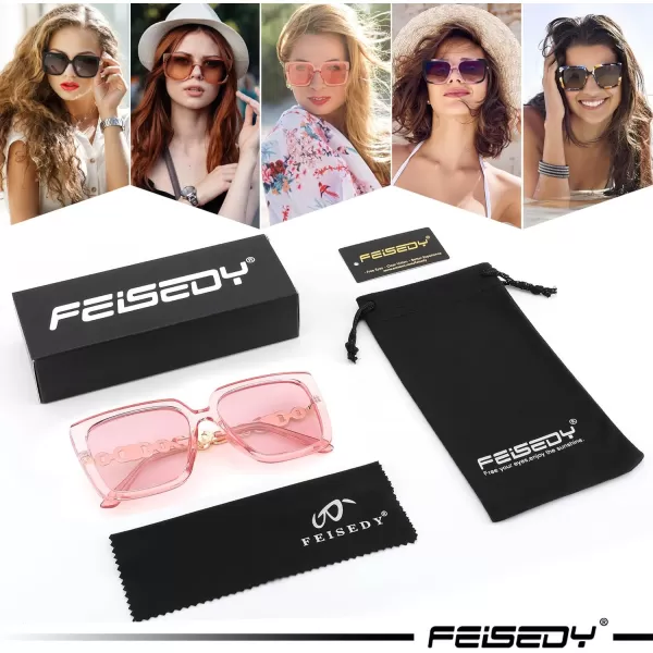 FEISEDY Trendy Polarized Cateye Sunglasses Womens Vintage Oversized Square Sunglasses UV400 Protection B0003Clear Pink Frame Pink Lens
