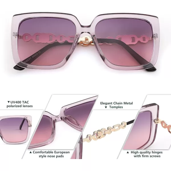 FEISEDY Trendy Polarized Cateye Sunglasses Womens Vintage Oversized Square Sunglasses UV400 Protection B0003Clear Purple Frame Purple Pink Lens