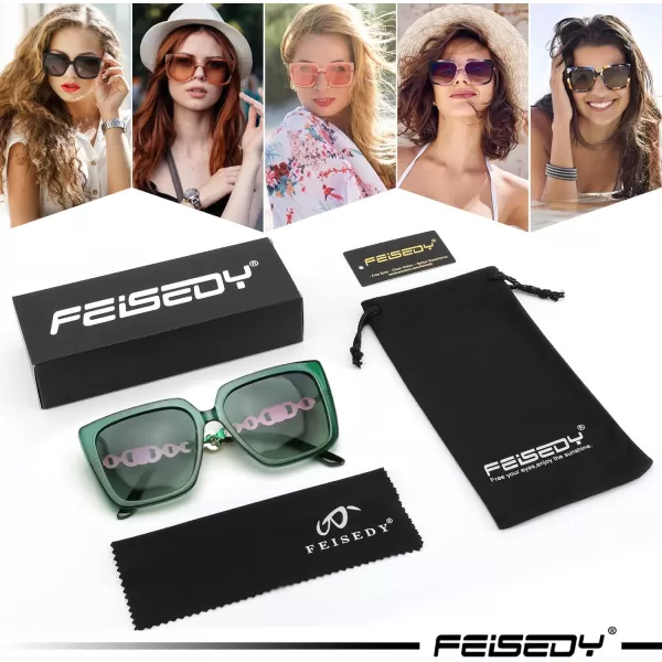 FEISEDY Trendy Polarized Cateye Sunglasses Womens Vintage Oversized Square Sunglasses UV400 Protection B0003Dark Green Frame Gradient Grey Lens
