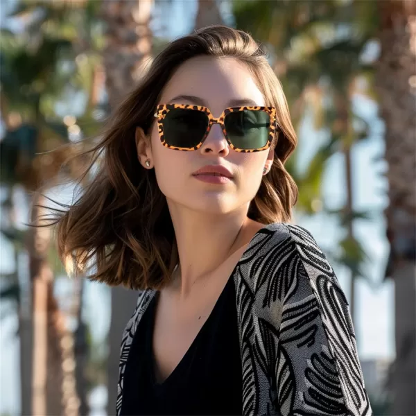 FEISEDY Trendy Polarized Cateye Sunglasses Womens Vintage Oversized Square Sunglasses UV400 Protection B0003Leopard Frame Dark Green Lens